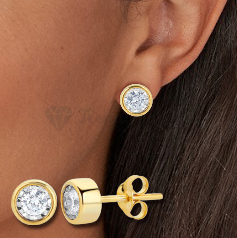 7MM Large Cubic Zirconia Gold Plated Surgical Steel Round Stud Earrings Piercing