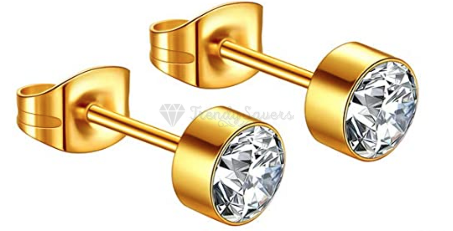 7MM Large Cubic Zirconia Gold Plated Surgical Steel Round Stud Earrings Piercing
