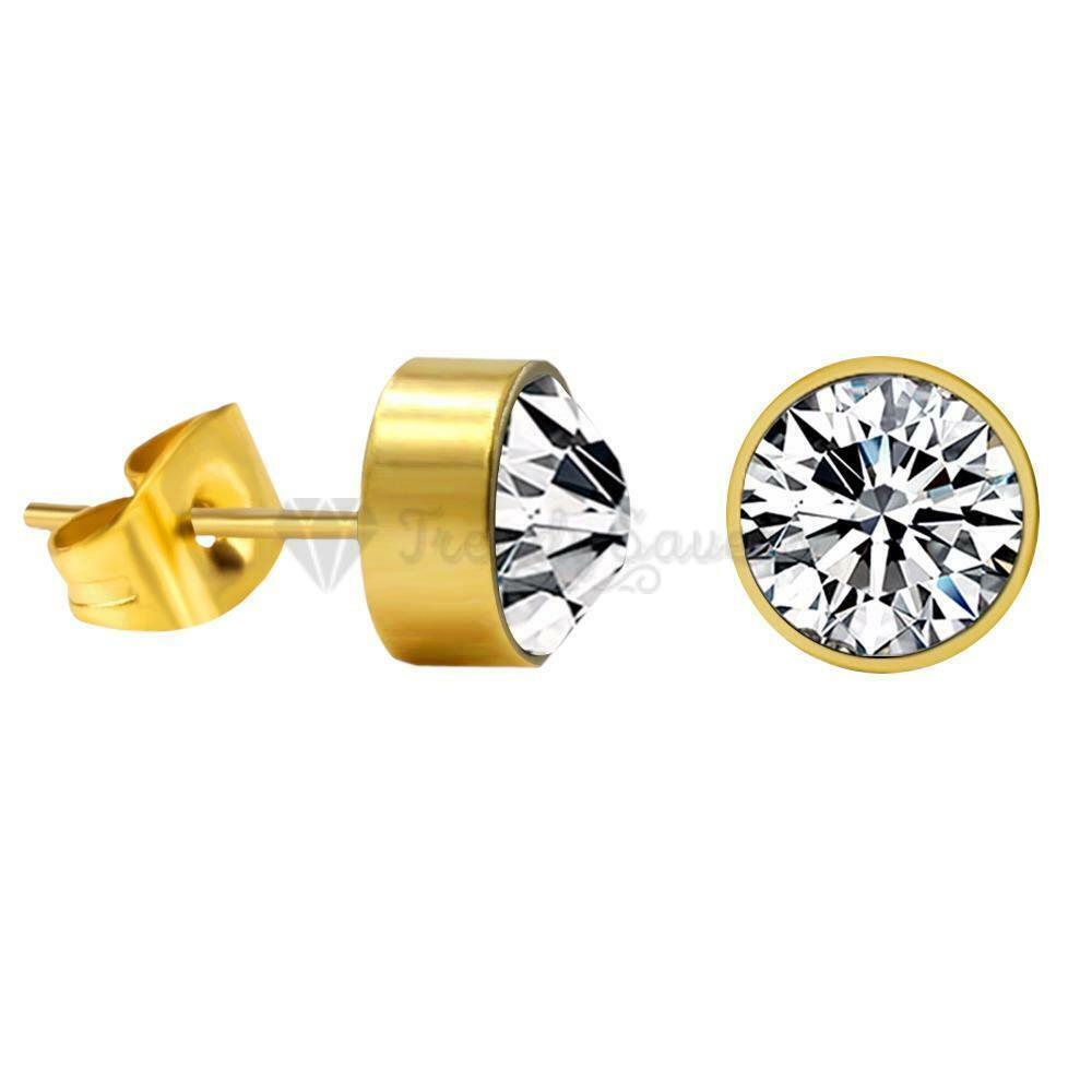 7MM Large Cubic Zirconia Gold Plated Surgical Steel Round Stud Earrings Piercing