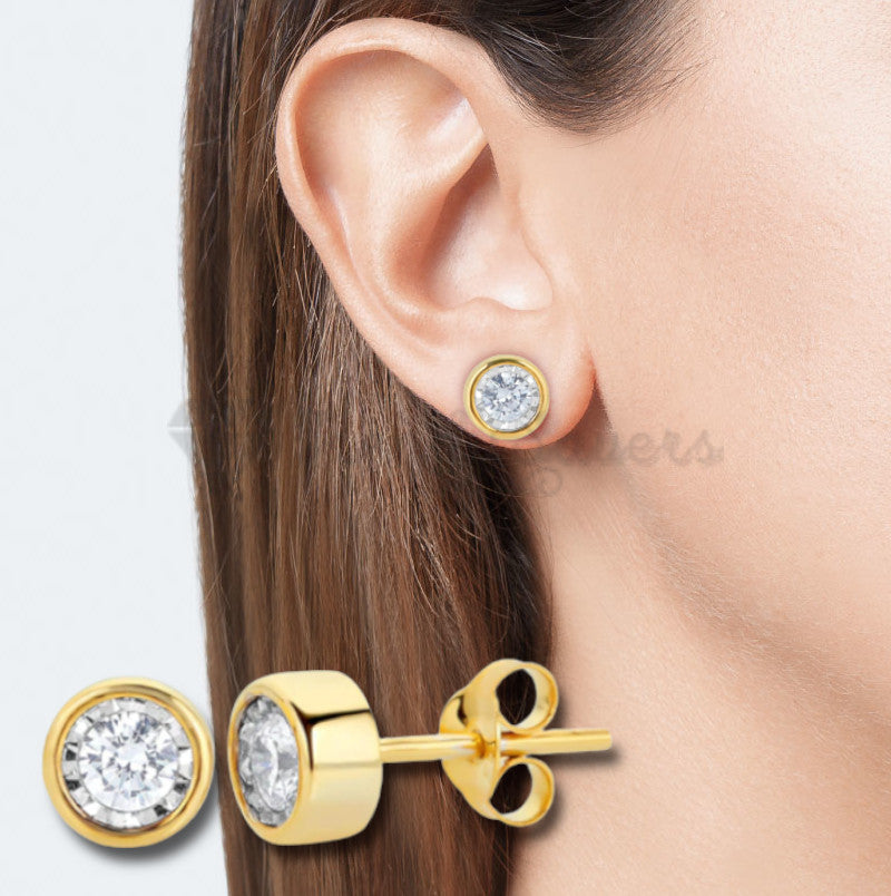 Gold Plated Stainless Steel 8MM Round Cubic Zirconia Sleeper Ear Stud Earrings