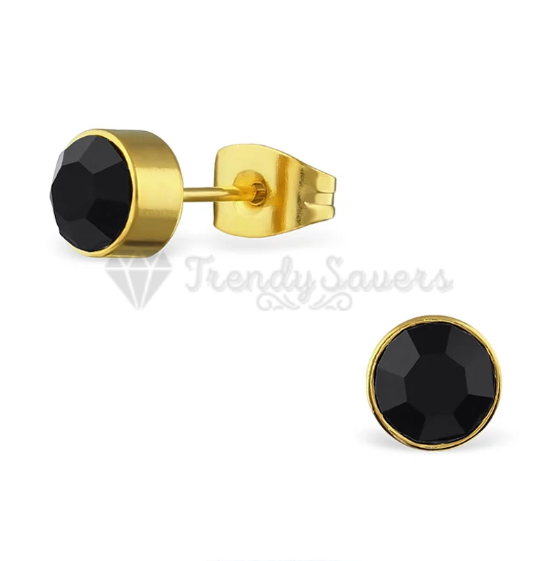 Women Men Black Shiny CZ Bezel Set Surgical Steel Gold Plated Stud Earrings 6MM