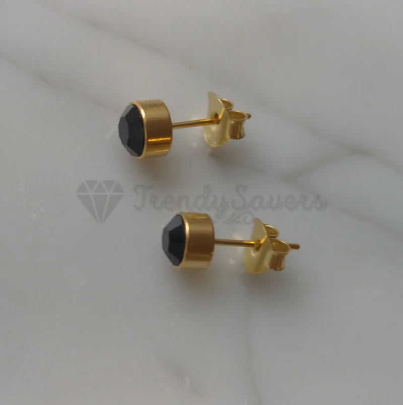 Black Large 8MM Cubic Zirconia Gold Plated Bezel Stud Earrings Stainless Steel