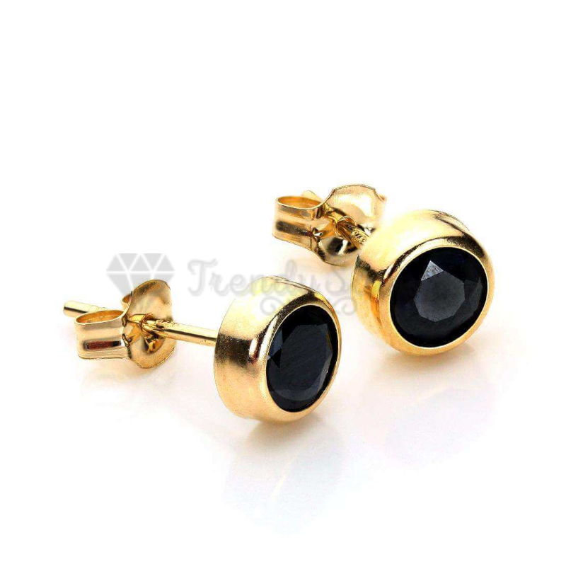 Black Large 8MM Cubic Zirconia Gold Plated Bezel Stud Earrings Stainless Steel
