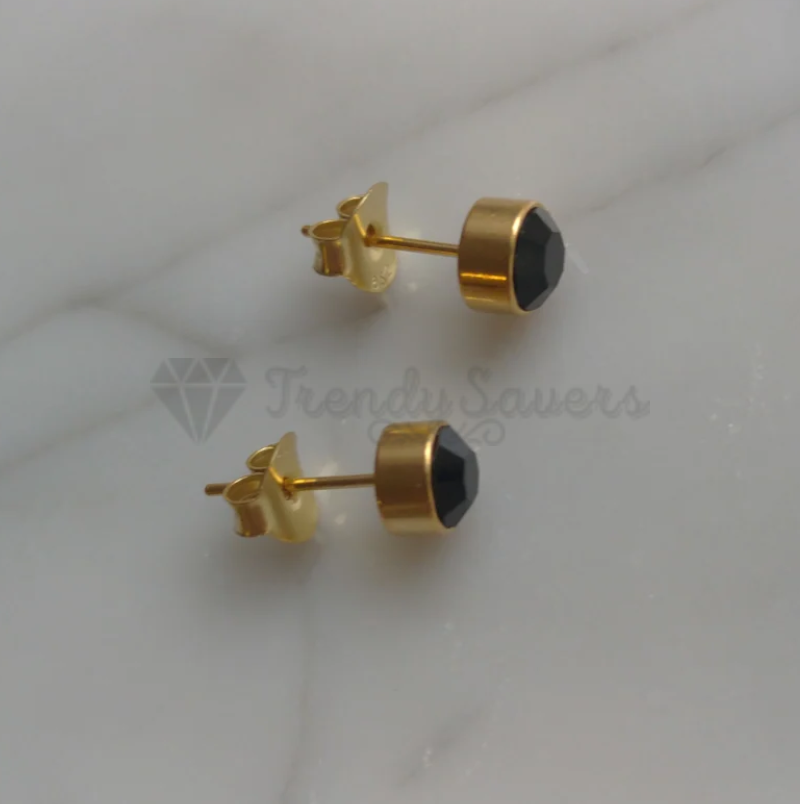 Black Large 8MM Cubic Zirconia Gold Plated Bezel Stud Earrings Stainless Steel
