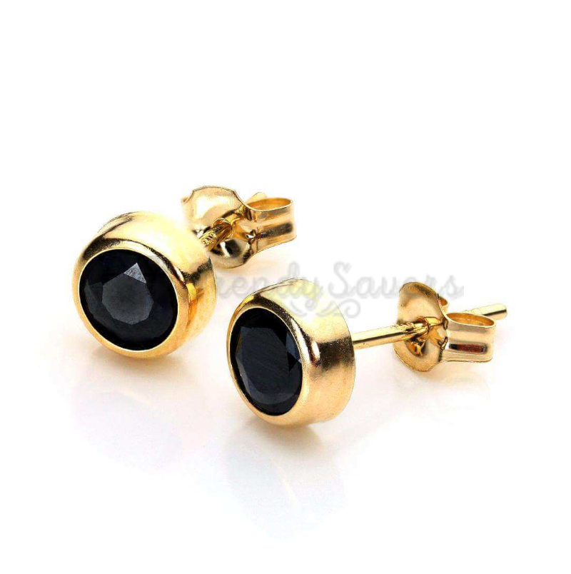 Black Large 8MM Cubic Zirconia Gold Plated Bezel Stud Earrings Stainless Steel