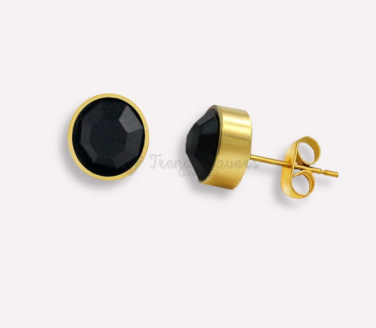 Black Large 8MM Cubic Zirconia Gold Plated Bezel Stud Earrings Stainless Steel