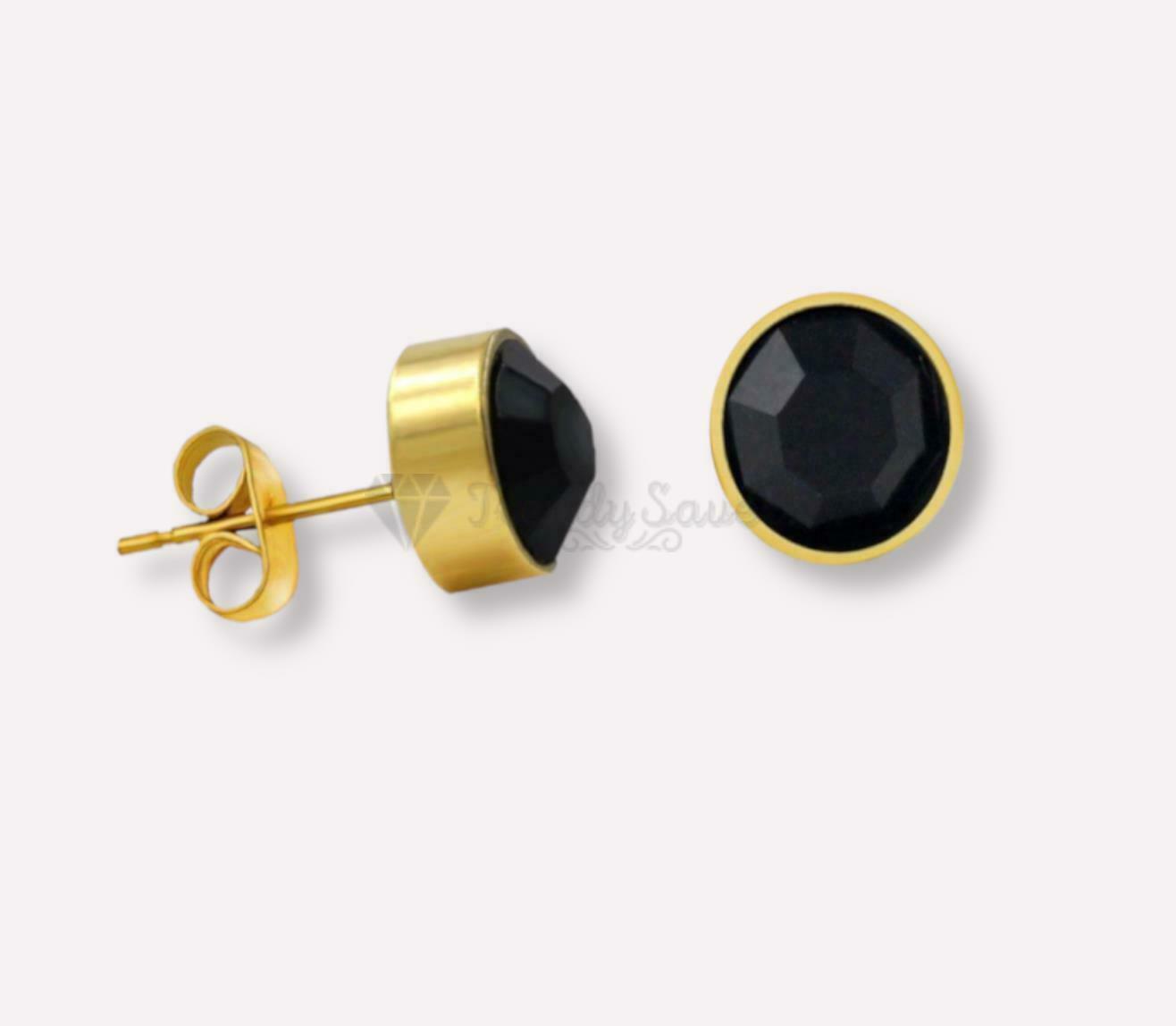 Black Large 8MM Cubic Zirconia Gold Plated Bezel Stud Earrings Stainless Steel