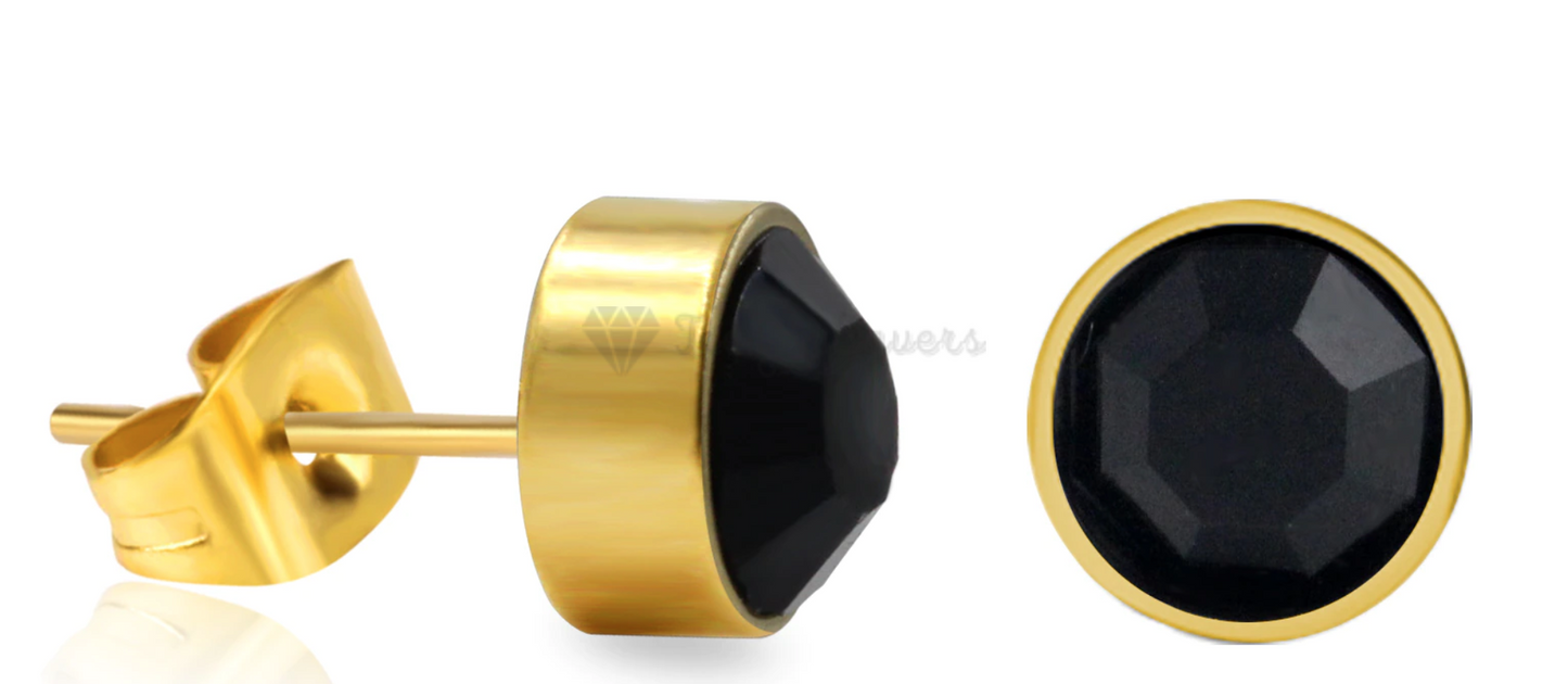 Black Large 8MM Cubic Zirconia Gold Plated Bezel Stud Earrings Stainless Steel