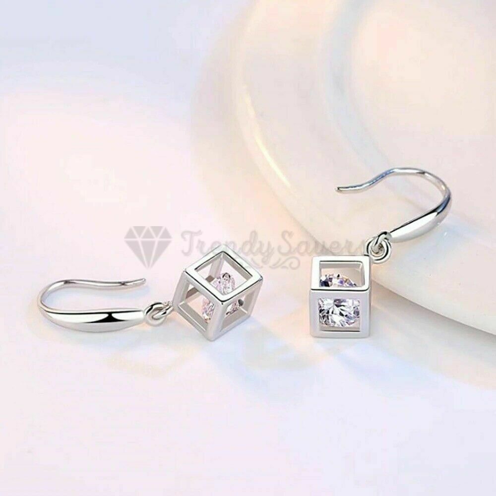 Cubic Zirconia Crystal Cube Box Pendant Dangle Drop Earrings 925 Sterling Silver