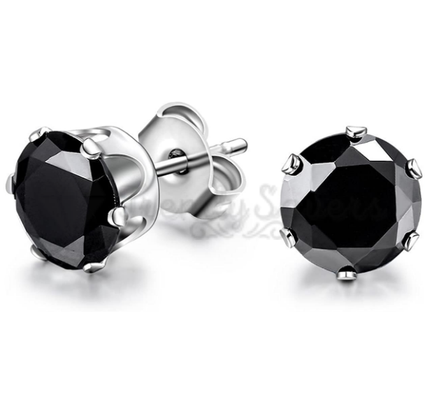 10MM Pair Surgical Steel Silver Studs Black Cubic Zirconia Crystal Stud Earrings