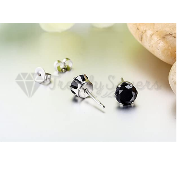 10MM Pair Surgical Steel Silver Studs Black Cubic Zirconia Crystal Stud Earrings