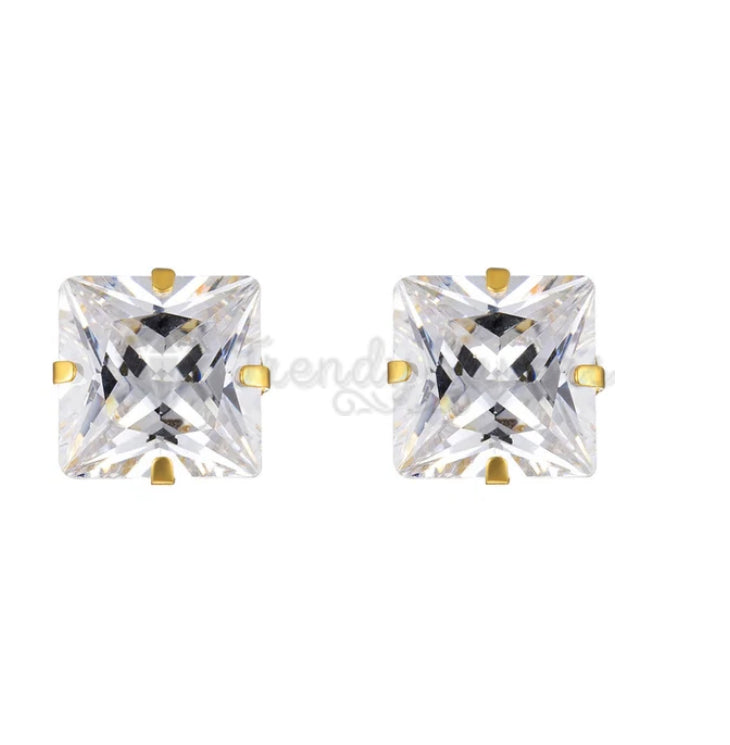 3MM Classic Princess Cut Cubic Zircon Stud Gold Plated Surgical Steel Earrings