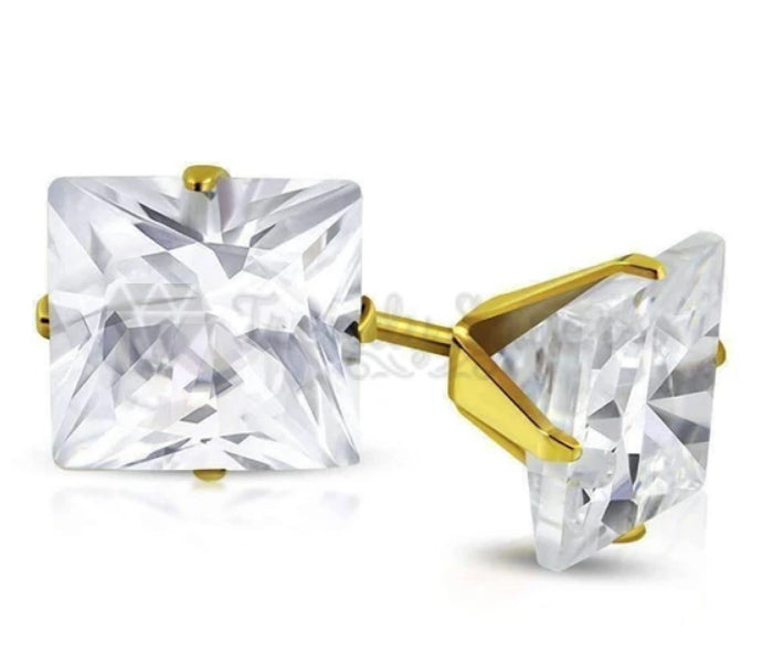 8MM Surgical Steel Big White Square Cubic Zircon Stud Earrings Piercing Jewelry