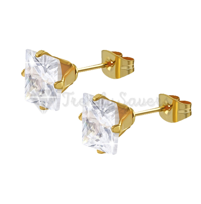 8MM Surgical Steel Big White Square Cubic Zircon Stud Earrings Piercing Jewelry
