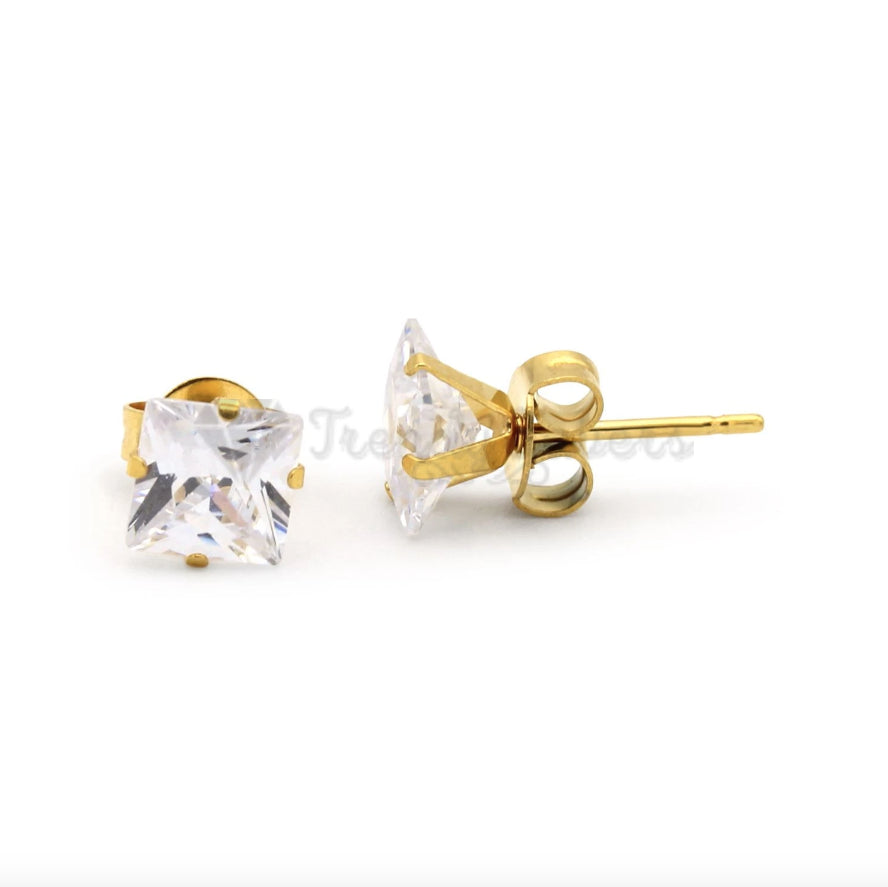 8MM Surgical Steel Big White Square Cubic Zircon Stud Earrings Piercing Jewelry