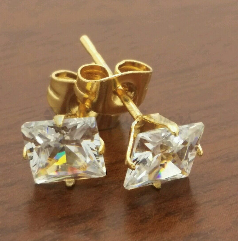 8MM Surgical Steel Big White Square Cubic Zircon Stud Earrings Piercing Jewelry