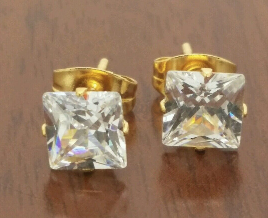 8MM Surgical Steel Big White Square Cubic Zircon Stud Earrings Piercing Jewelry