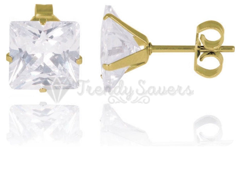 8MM Surgical Steel Big White Square Cubic Zircon Stud Earrings Piercing Jewelry