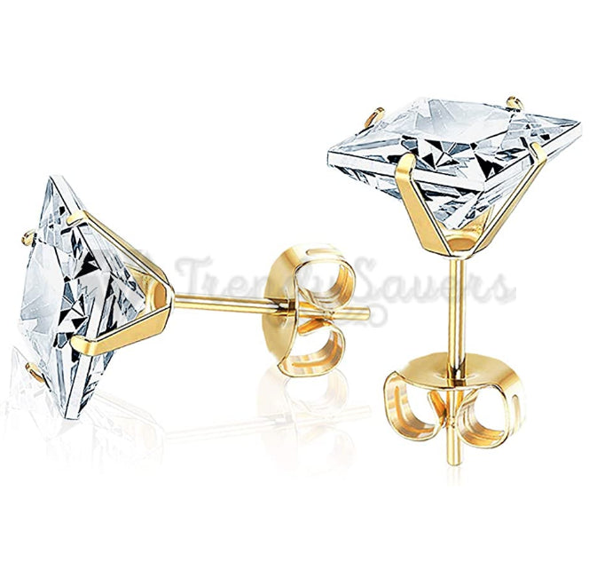 8MM Surgical Steel Big White Square Cubic Zircon Stud Earrings Piercing Jewelry