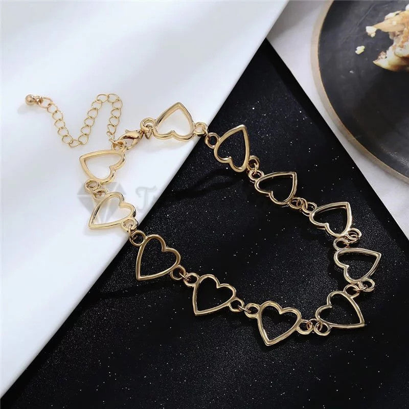 Retro Punk Hollow Heart Linked Pendants 18ct Gold Plated Choker Necklace Jewelry