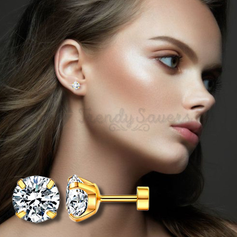 7MM Gold Filled Womens Mens Surgical Steel Cubic Zirconia Stud Earrings Jewelry