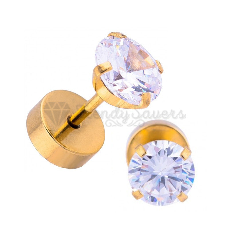 7MM Gold Filled Womens Mens Surgical Steel Cubic Zirconia Stud Earrings Jewelry