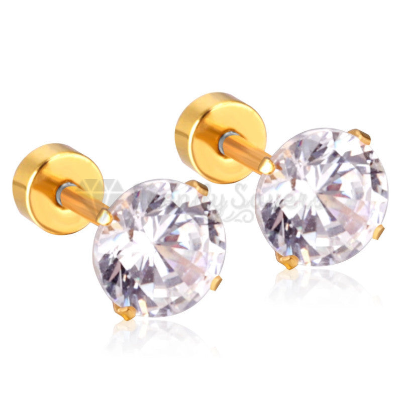 7MM Gold Filled Womens Mens Surgical Steel Cubic Zirconia Stud Earrings Jewelry