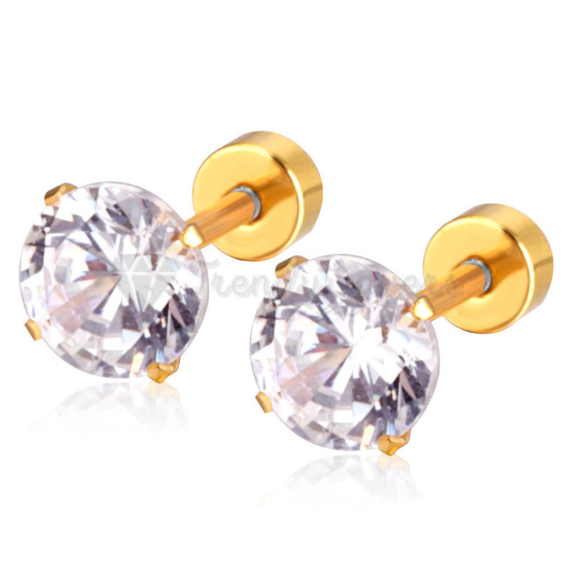 7MM Gold Filled Womens Mens Surgical Steel Cubic Zirconia Stud Earrings Jewelry