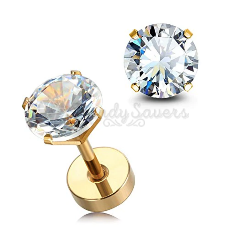 7MM Gold Filled Womens Mens Surgical Steel Cubic Zirconia Stud Earrings Jewelry