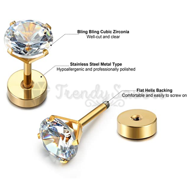 7MM Gold Filled Womens Mens Surgical Steel Cubic Zirconia Stud Earrings Jewelry