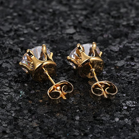 Hypoallergenic 7MM Royal Princess Cut Ear Studs CZ Gold Stainless Steel Earrings