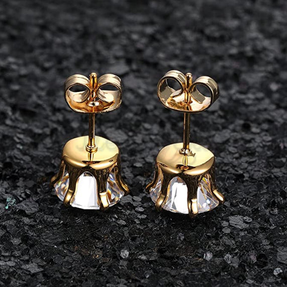 Hypoallergenic 7MM Royal Princess Cut Ear Studs CZ Gold Stainless Steel Earrings
