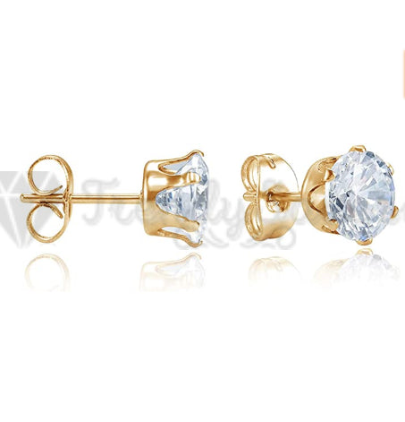 Hypoallergenic 7MM Royal Princess Cut Ear Studs CZ Gold Stainless Steel Earrings