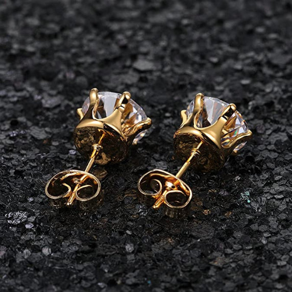 Hypoallergenic 7MM Royal Princess Cut Ear Studs CZ Gold Stainless Steel Earrings