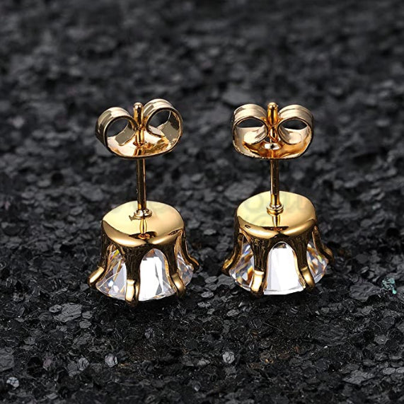 Hypoallergenic 7MM Royal Princess Cut Ear Studs CZ Gold Stainless Steel Earrings