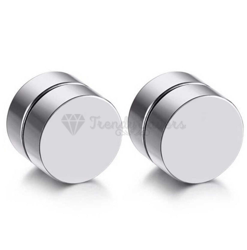 316L Surgical Steel Magnetic No Piercing Faux Plug Silver Punk Stud Earrings 8MM