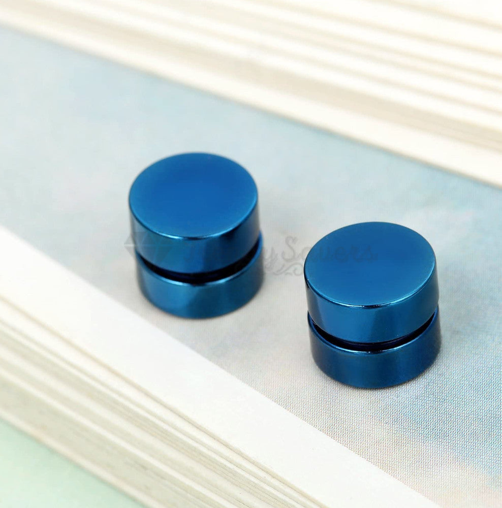 Large 10MM Steel Magnetic Circle Non Piercing Blue Clip On Cheater Stud Earrings