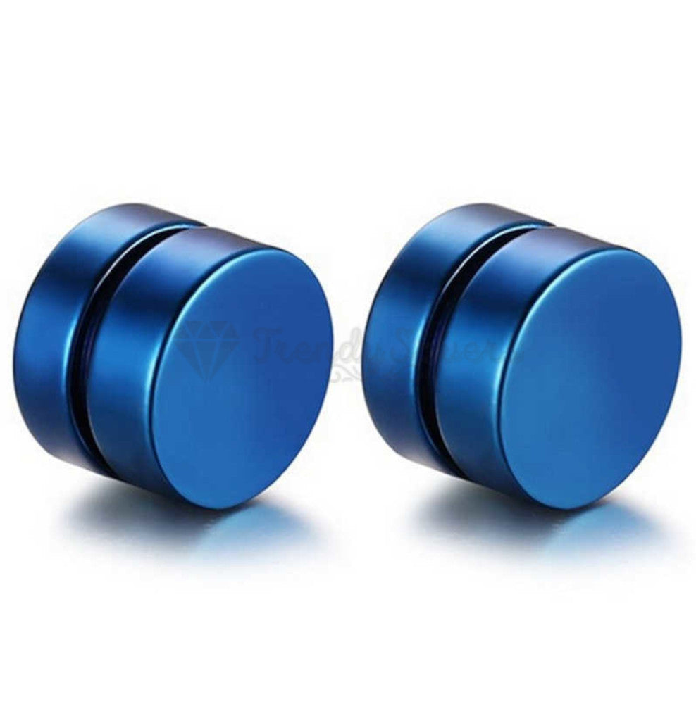 Large 10MM Steel Magnetic Circle Non Piercing Blue Clip On Cheater Stud Earrings