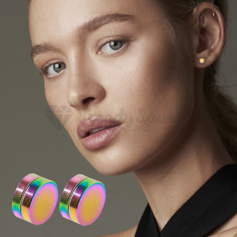 8MM Multicolour Rainbow Earrings Magnetic Non Pierced Round Disc Punk Ear Studs