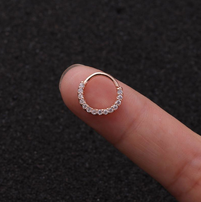 1x Sterling Silver Cartilage Rose Gold Lip Nose Hoop Tragus Crystal Ear Ring 8MM