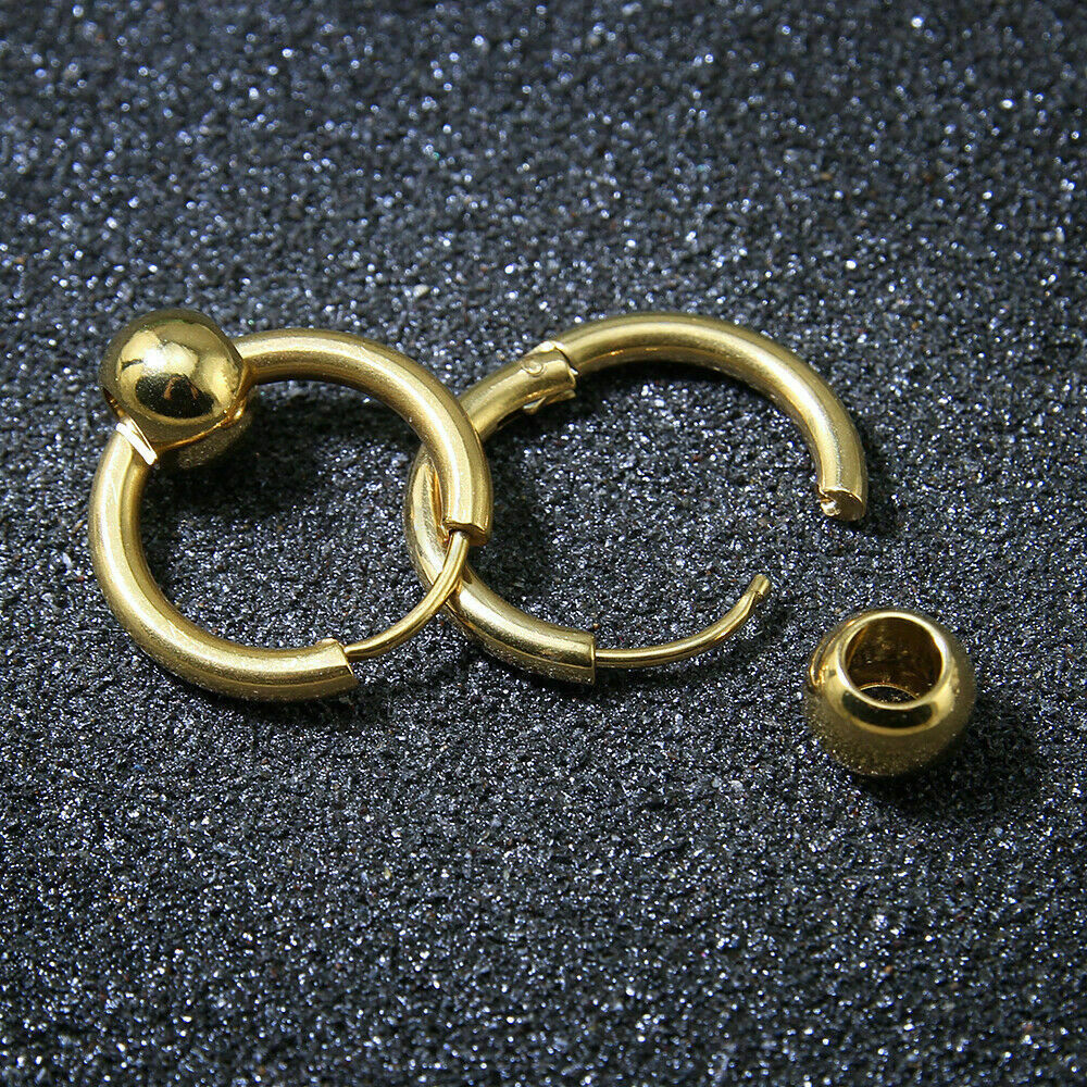 16MM Men Women Gold Plated Round Ball Bead Hippie Hoop Cartilage Earrings Pair