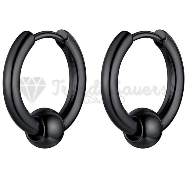 16MM Vintage Punk Black Bead Ball Huggie Hinged Endless Loop Hoop Earrings Pair