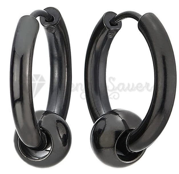 16MM Vintage Punk Black Bead Ball Huggie Hinged Endless Loop Hoop Earrings Pair