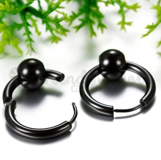 16MM Vintage Punk Black Bead Ball Huggie Hinged Endless Loop Hoop Earrings Pair