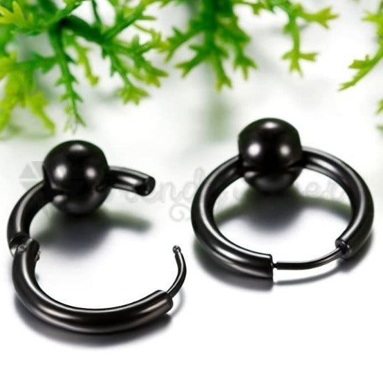16MM Vintage Punk Black Bead Ball Huggie Hinged Endless Loop Hoop Earrings Pair