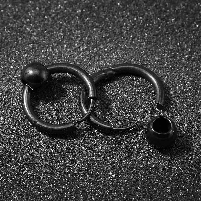 16MM Vintage Punk Black Bead Ball Huggie Hinged Endless Loop Hoop Earrings Pair