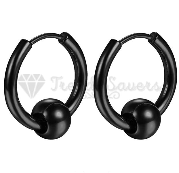 16MM Vintage Punk Black Bead Ball Huggie Hinged Endless Loop Hoop Earrings Pair