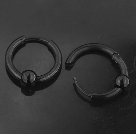 16MM Vintage Punk Black Bead Ball Huggie Hinged Endless Loop Hoop Earrings Pair