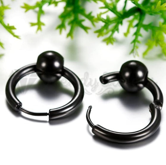 16MM Vintage Punk Black Bead Ball Huggie Hinged Endless Loop Hoop Earrings Pair