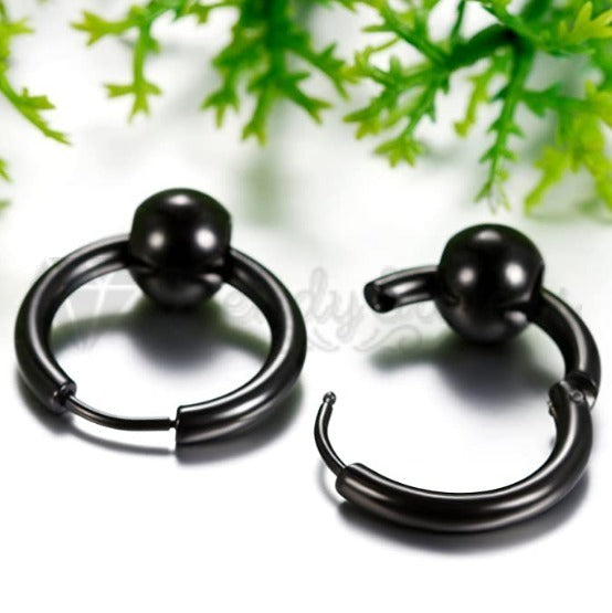 16MM Vintage Punk Black Bead Ball Huggie Hinged Endless Loop Hoop Earrings Pair